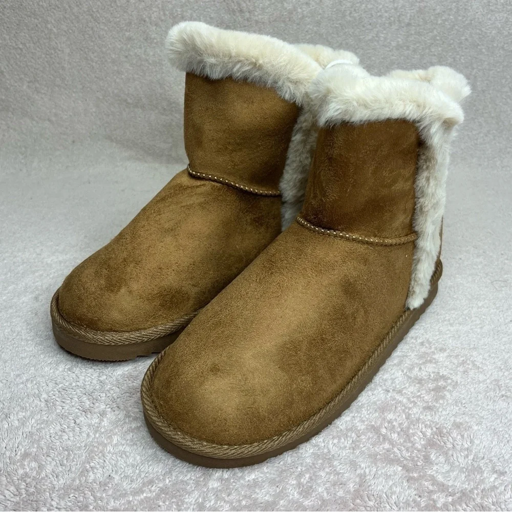NEW Pescool Faux Suede/Fur Boots/Slippers Brown Kids 3 Winter Cozy Warm Boho
